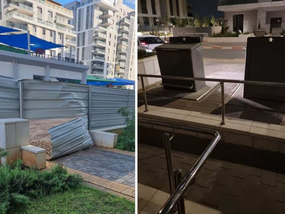 מימין לשמאל: כניסה דרך פחי האשפה, הכניסה הראשית החסומה כבר חצי שנה הכניסה הראשית חסומה. צילום באדיבות התושבים