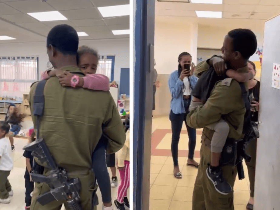 המרגש: אב חזר לראשונה מהמילואים והפתיע את ילדיו בבית הספר ובגן. צילום: דוברות עיריית אור יהודה